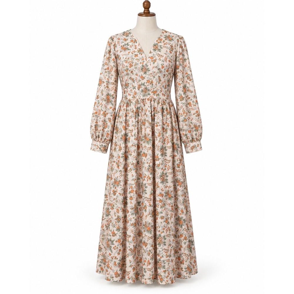 Vintage 70s Handmade Floral Prairie Maxi Dress Cottagecore Long Sleeve Boho M/L